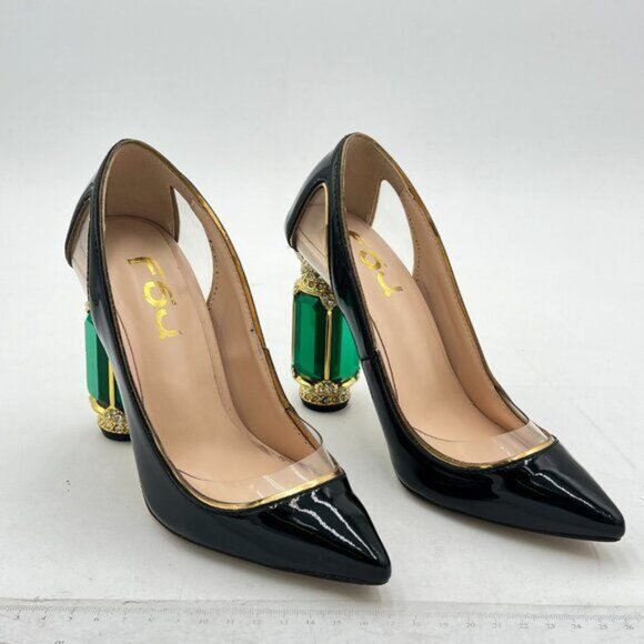 FSJ Black Clear Pointed Toe Chunky High Heel Crystal Pump Wedding Dress Shoes - Picture 2 of 7